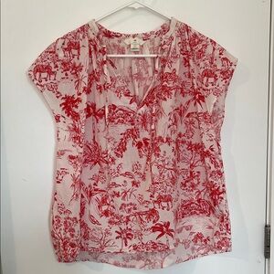 H&M Cream and Red Toile V-Neck Blouse